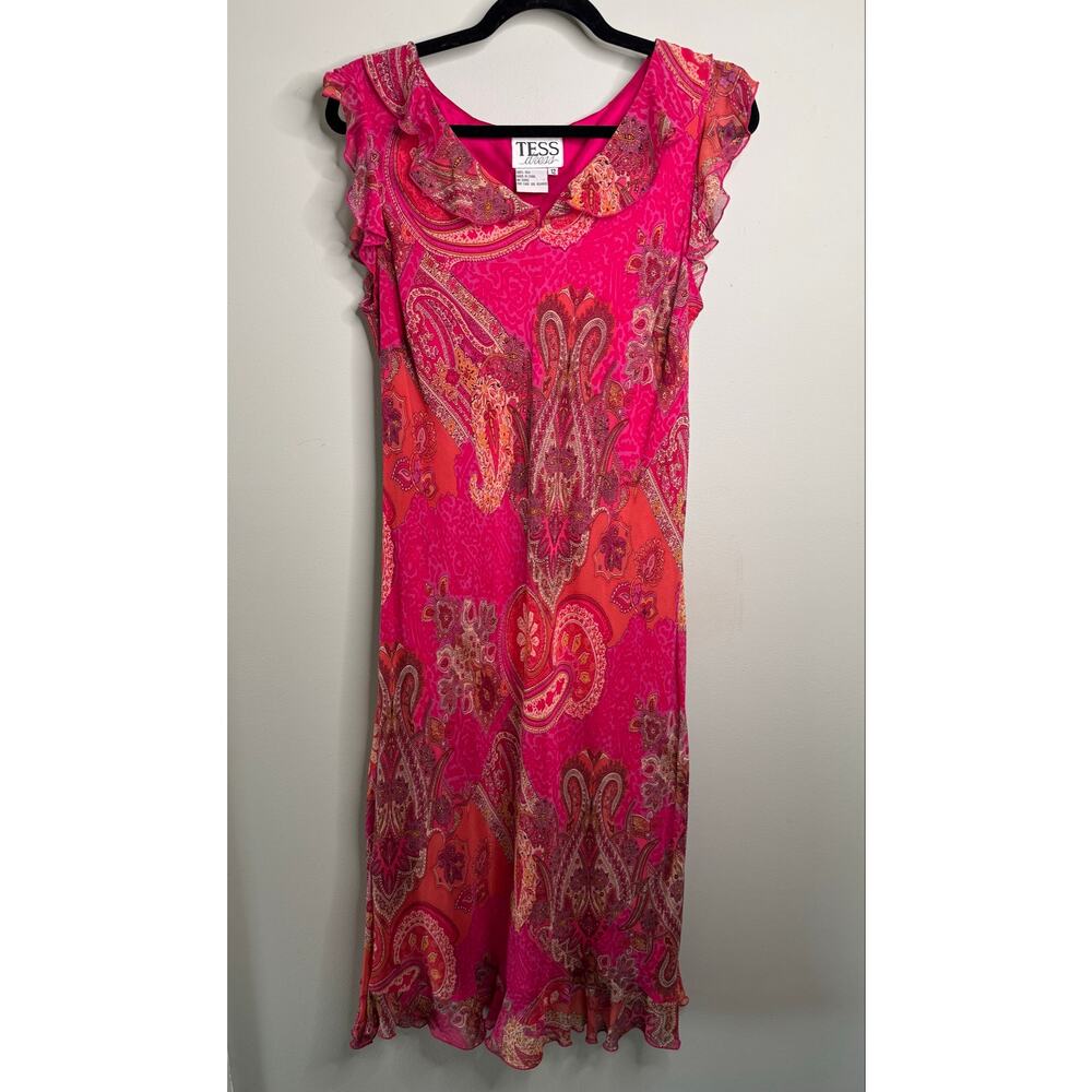 Vintage Tess Dress 100% Silk Ruffle Hem Cap Sleeve Midi Pink Paisley Size 12